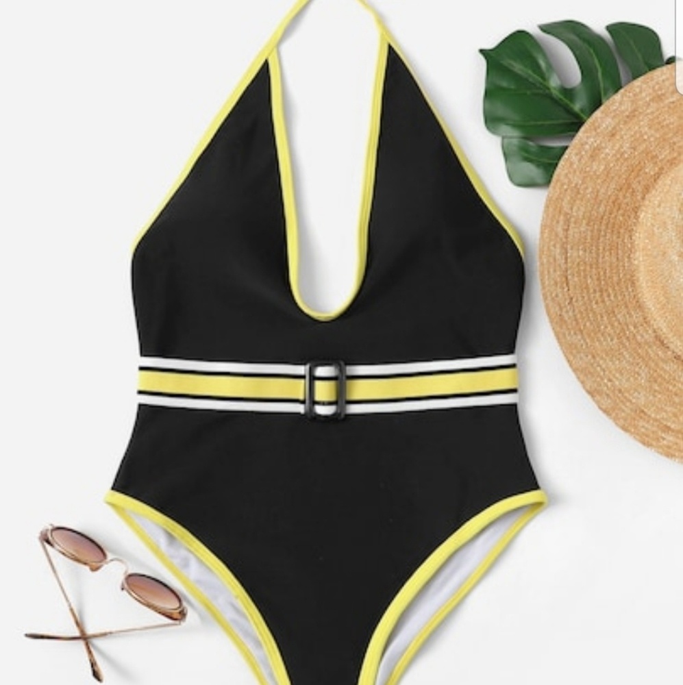 🐝 Deep V Belted Halter Top One Piece Swimsuit 🐝